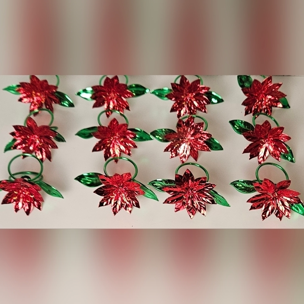 Vintage Tin Poinsettia Napkin Rings Set of 12 Red Green Christmas Table Decor - Picture 7 of 10